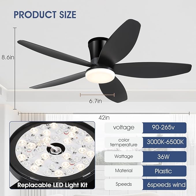 42" Ceiling Fans with Lights-Low Profile Ceiling Fan with Light and Remote/APP Control,Flush Mount,DC Reversible,LED Dimmable Blakc Ceiling Fans for Bedroom,Indoor/Outdoor Patio Use
