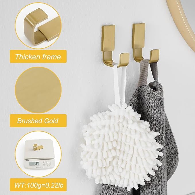 BESy Brass Clothes Hook Single Towel Hook for Bathroom Kitchen Garage Square Style Robe Hooks Coat and Hat Hook, Self Adhesive with Glue or Wall Mounted with Screws, Two Packs, Brushed Gold