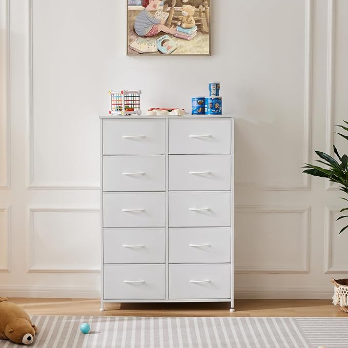 Sweetcrispy 10 Drawer Fabric Dresser Tall Chest Storage Organizer Tower with Cabinet Metal Frame and Wood Top Lightweight Nursery Closet Furniture for Bedroom,Cream White