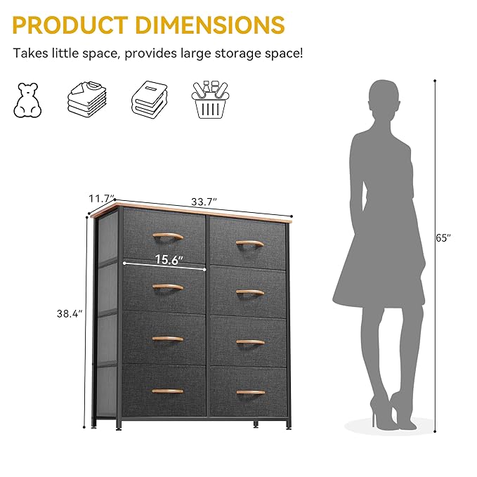 DWVO Dresser for Bedroom, Fabric Dresser with 8 Drawers, Tall Double Drawer Chest of Drawers for Closet, Living Room, Sturdy Steel Frame, Wooden Top, Easy Pull Handle
