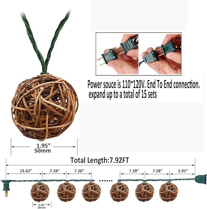 LIDORE Rattan Christmas String Lights, Mini Globe Wicker Lights for Patio, Wedding, Garden and Party, Brown Rattan and Green Cord, 7.92Ft Indoor/Outdoor