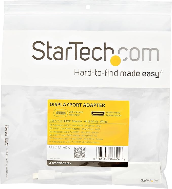 StarTech.com USB C to HDMI Adapter - White - 4K 60Hz - Thunderbolt 3 Compatible - USB Type C to HDMI Dongle Converter (CDP2HD4K60W)
