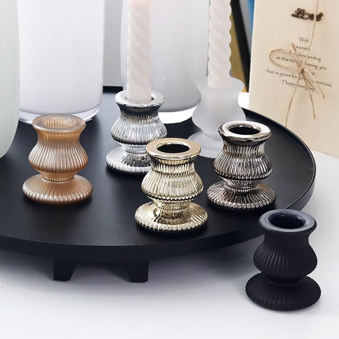 WDHODEC Black Gold Candlestick Holders 12PCS Glass Taper Candle Holders for Table Centerpiece Colorful Candle Sticks for Modern Wedding, Party and Festival Decoration