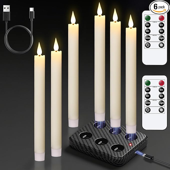 GenSwin Rechargeable Flameless Taper Candles with Charging Base, 6 Pack LED Candles Battery Operated with Remote Timer, Real Wax Flameless Candlesticks for Halloween Christmas Decorations(Ivory)