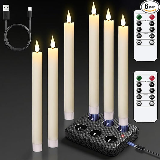 GenSwin Rechargeable Flameless Taper Candles with Charging Base, 6 Pack LED Candles Battery Operated with Remote Timer, Real Wax Flameless Candlesticks for Halloween Christmas Decorations(Ivory)