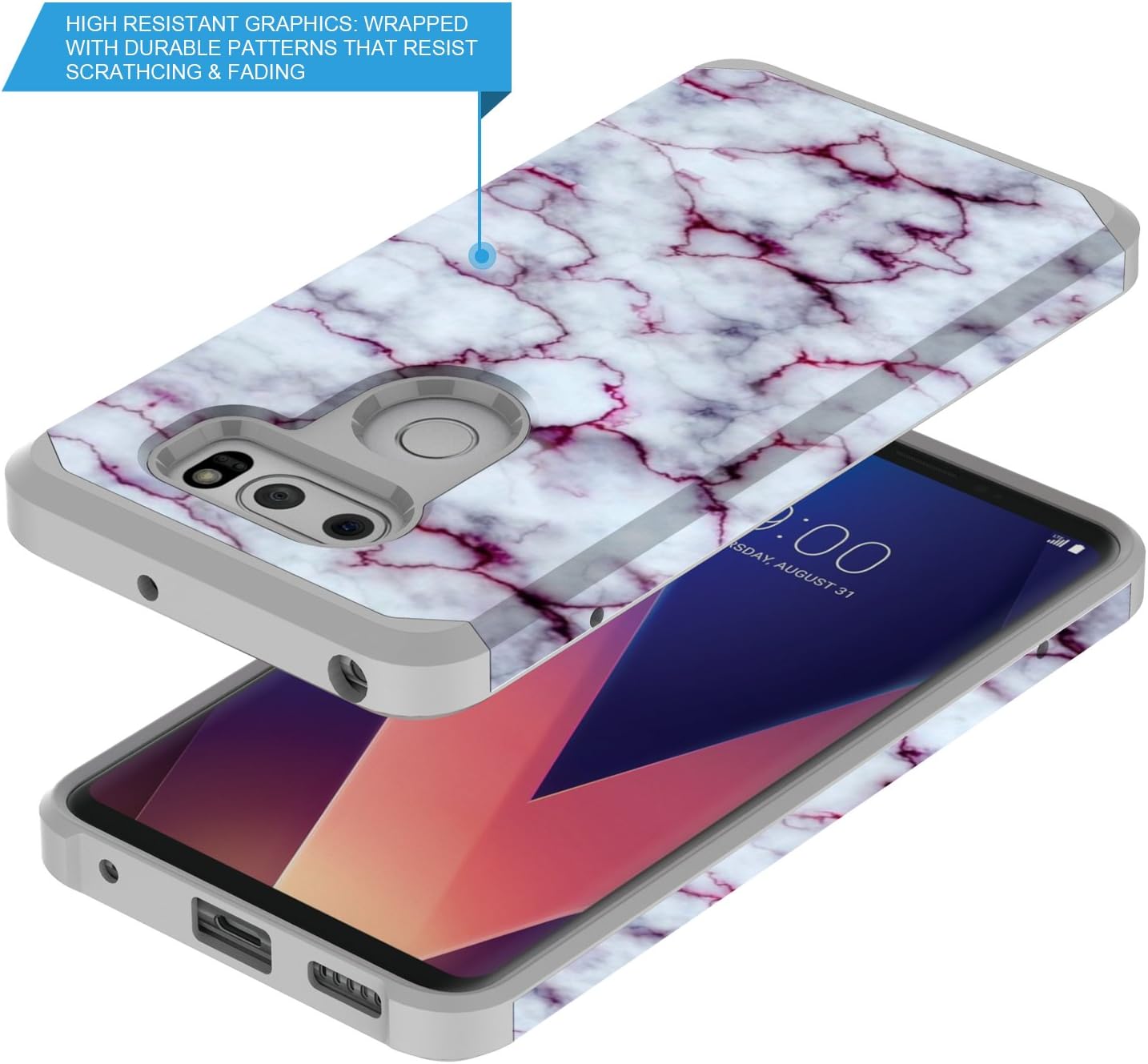 Rosebono Hybrid Dual Layer Shockproof Case for LG V30 / V30 Plus, Cute Colorful Silicone Skin (Marble Purple)