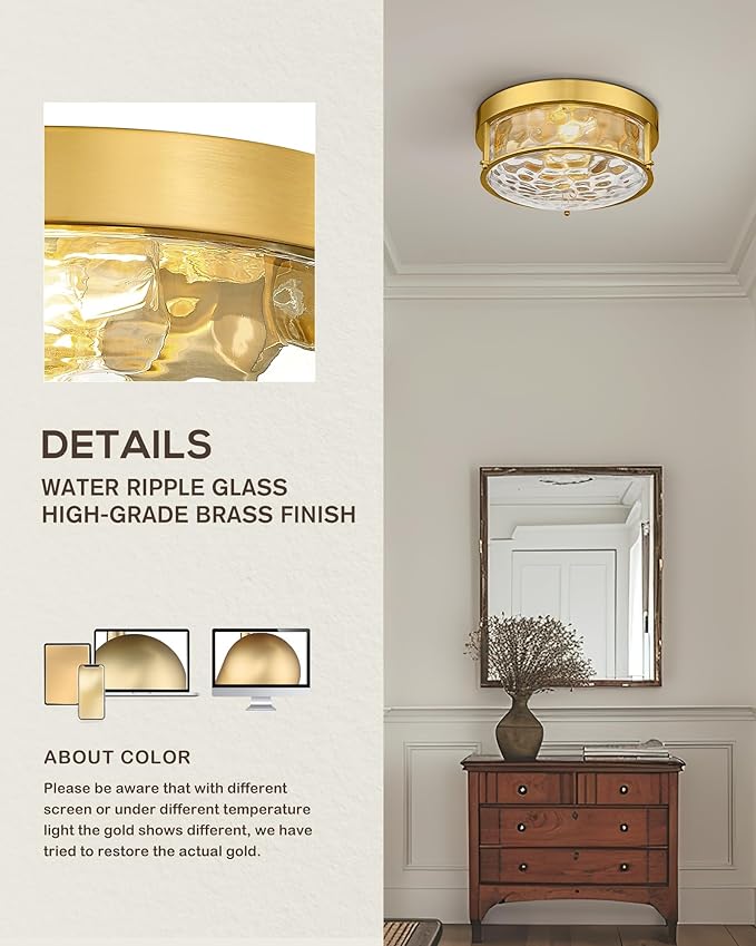 FEMILA 12" Brushed Gold Flush Mount Ceiling Light, Light Fixtures Ceiling Mount with Water Ripple Glass, for Kitchen, Bedroom, Living Room, 4FTJ22WG-F BG