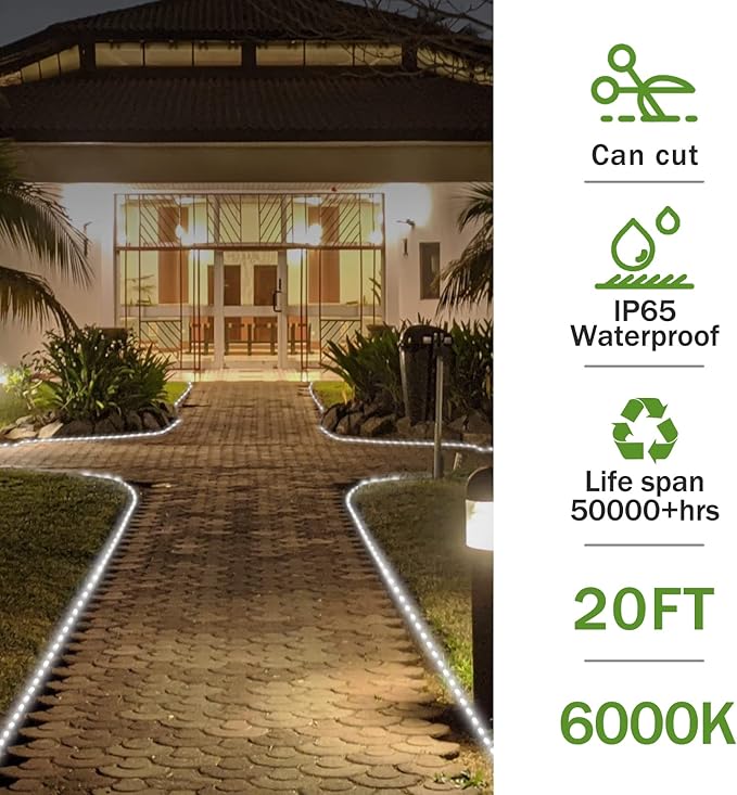 LED Rope Lights, Daylight White 110V 6000K, Indoor or Outdoor, 20ft, Perfect for Deck, Garden, Patio, Landscape Lighting, Bedroom Décor, Waterproof, Ideal for Backyards, Decorative Lighting