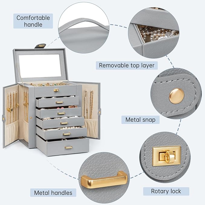 AKOZLIN 6-Tier Jewelry Box Organizer Functional 5 Drawers Leather Jewelry Storage Case for Women Girls Ring Necklace Earring Bracelet Holder Organizer with Mirror Grey