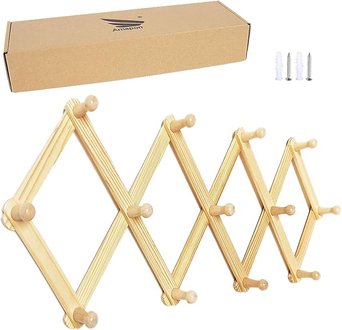 AMAPON Accordion Style Expandable Wall Wooden Coat Rack 13 Hooks (Pegs) Hang Hats Jackets Coffee Mug Purses Necklaces Towels Cap Leash Scarves Data Line Kitchenware