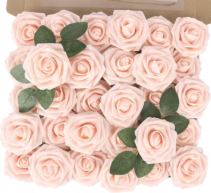 MACTING Artificial Flower Roses 30PCS Real Touch Fake Flowers with Stem Champagne Foam Roses for DIY Wedding Flower Bouquet Table Centerpieces Party Baby Shower Home Spring Mothers Day Decorations