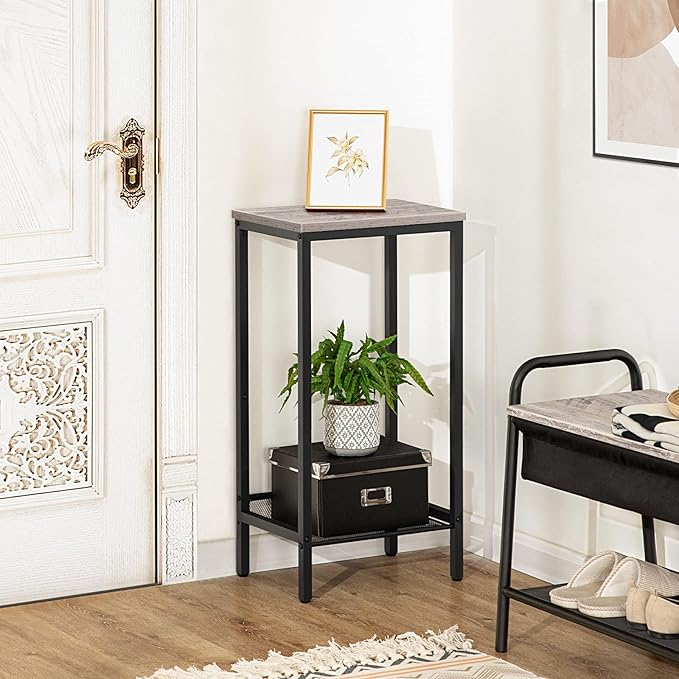 HOOBRO Tall Side Table, Industrial End Telephone Table with Adjustable Mesh Shelves, for Living Room, Bedroom, Entryway, Office, Greige BG03DH01