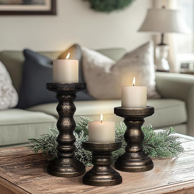 Candle Holder for Pillar Candle Set of 3, Farmhouse Wood Candle Holder, Rustic Wooden Candle Stand, Vintage Tall Candle Stand Decorative for Living Room, Table Centerpiece, Black Gold