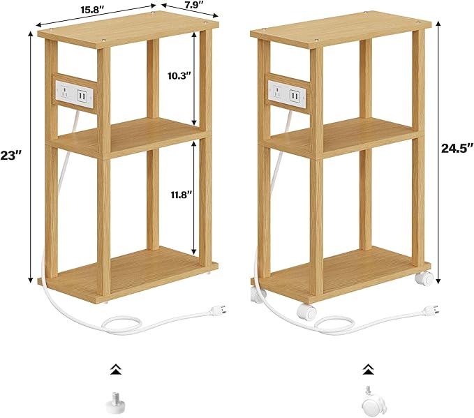 TUTOTAK Small Narrow Side Table with Charging Station, Skinny End Table for Small Spaces, Slim Nightstand with USB Ports and Outlet, Sofa Beside Table with Wheels, Natural TB01BN047