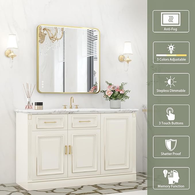LED Bathroom Mirror with Lights, 32x32 Inch Gold Metal Framed LED Mirror for Bathroom, 3 Colors and Stepless Dimmable Wall Mounted Lighted Bathroom Vanity Mirror, Anti-Fog, Memory
