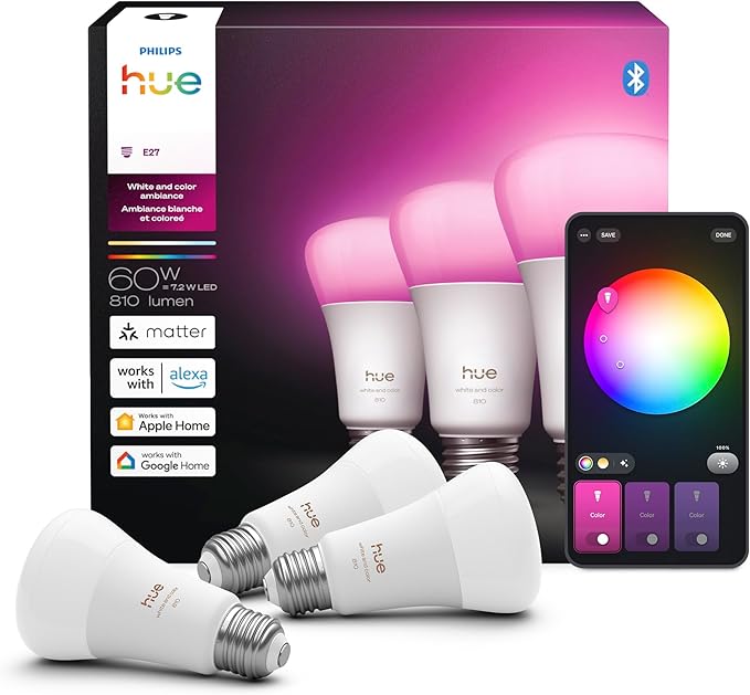 Philips Hue Smart LED A19 Bulb, White & Color Ambiance, E26 Base, 7.2W, Full Spectrum Light 1000K-20000K, 810 Lumens, Dimmable, Works with Alexa, Google,& Apple Home, 3pk