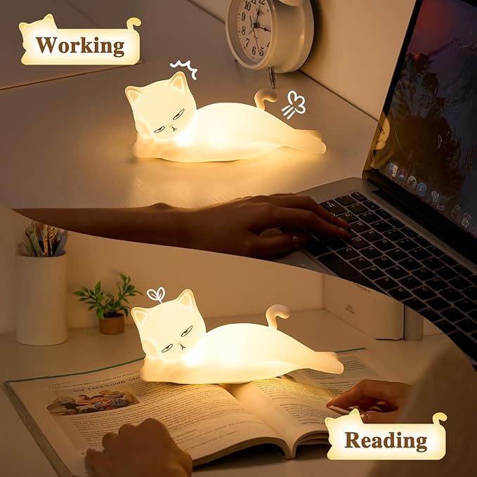 Lying Flat Cat Lamp Cat Gifts, 16 Colors+5 Dimming+Silicone Cute Lamp, Touch+Remote Control+Rechargeable Night Light for Kids, Fun & Cool Weird Stuff Random Stuff, White Elephant Gifts for Adults/Kids