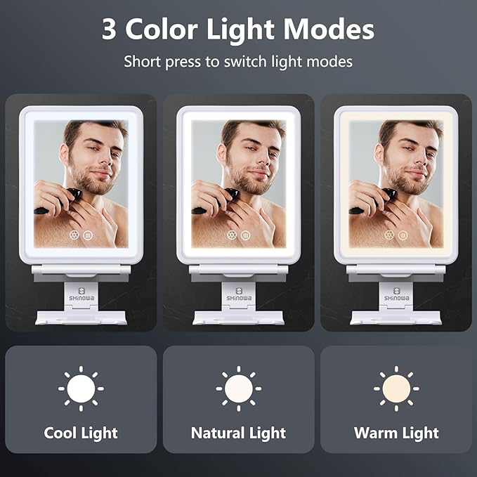 Heated Shower Mirror Fogless for Shaving, 3 Colors Stepless Dimmable Lights Fogless Mirror for Shower, Rechargeable Anti Fog Shaving Mirror for Shower with Razor Holder, Light Memory Function, White