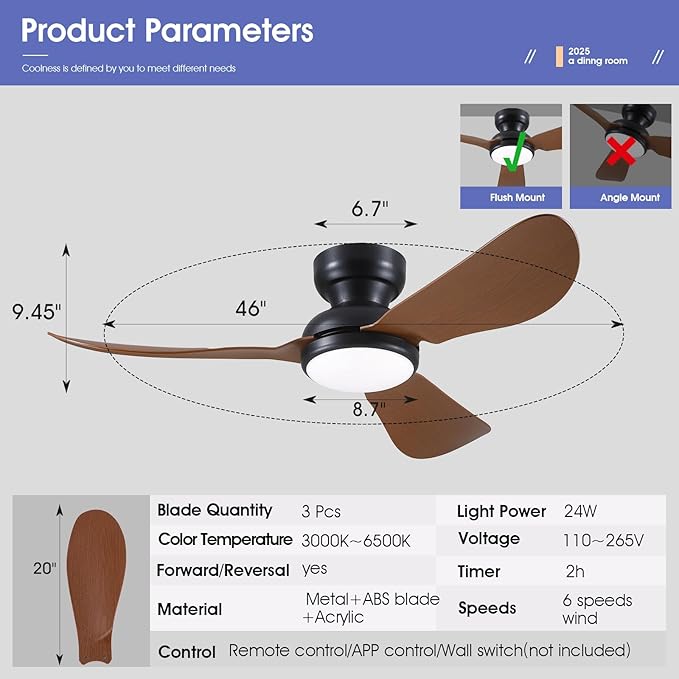 46 Inch Modern Ceiling Fans with Lights, Flush Mount Ceiling Fan with Remote/APP Control, 3 Reversible Curved Blades, 6 Speeds, 3 CCT, Dimmable LED Lights for Living Room Bedroom, Brown