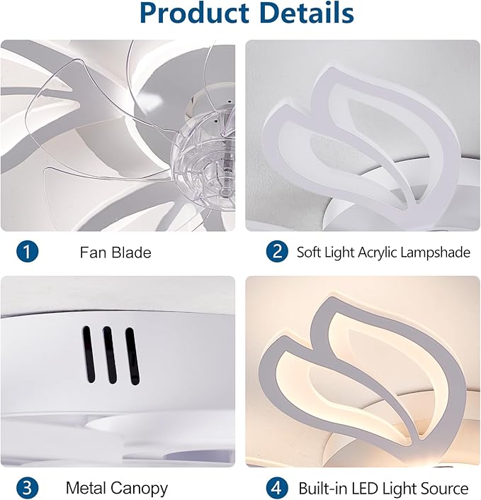 Ceiling Fan with Lights Remote Control, 26" White Low Profile Ceiling Fan with Light, Modern Leaf Geometric Flush Mount Ceiling Fan for Kitchen Bedroom