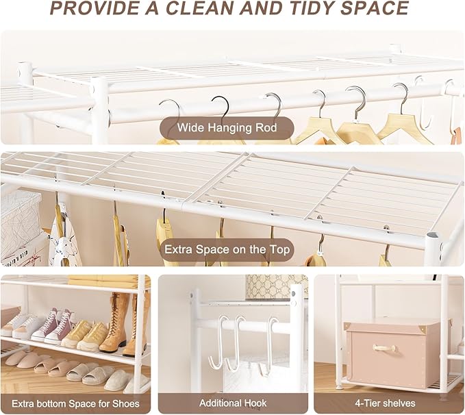 Neprock Clothing Racks for Hanging Clothes with Shelves, Portable Closet System Organizer Garment Rack for Clothes Storage, Metal Free Standing Wardrobe Clothes Organizer(White)