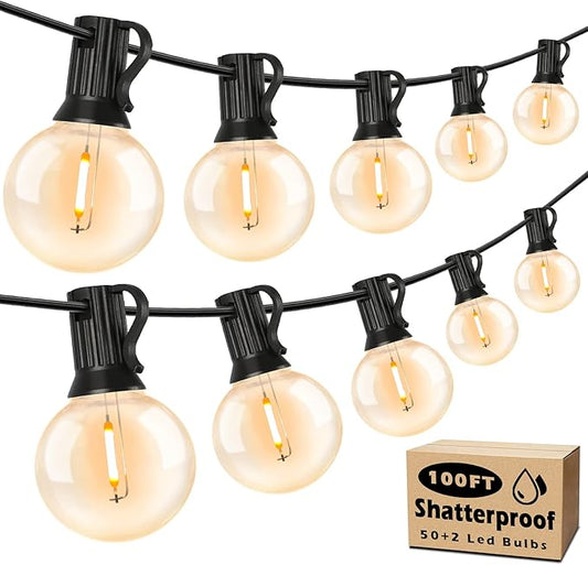 Brightever 100ft Outdoor G40 LED Globe String Lights Dimmable Waterproof Shatterproof Light Strings with 52 Bulbs Connectable Commercial Hanging Lights for Patio House Backyard Balcony