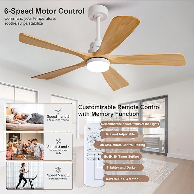 52 Inch Outdoor Ceiling Fans with Lights and Remote Control, Dimmable 5 Blade Wood Outdoor Ceiling Fans for Patios, White Natural Wood Bedroom Ceiling Fan with Lights, Noiseless DC Motor