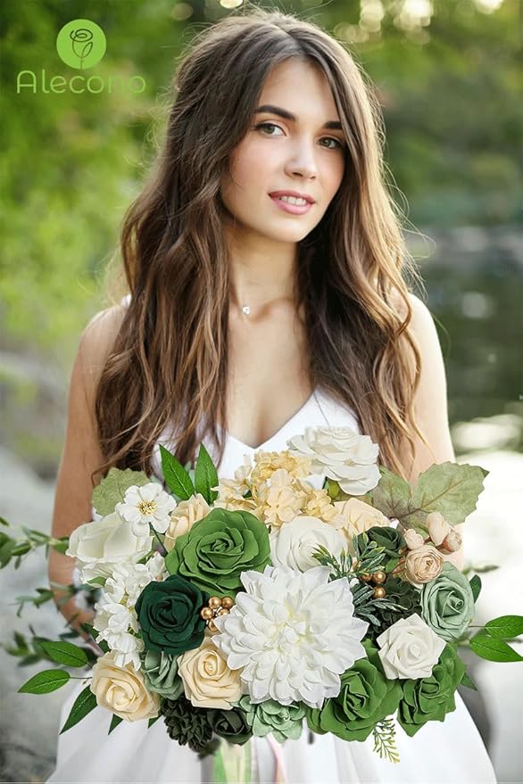 Alecono Artificial Flowers, Silk Fake Green Flowers Combo Box for DIY Cake Wedding Decorations, Faux Flowers for Table Centerpieces Baby Shower Party Home Decor