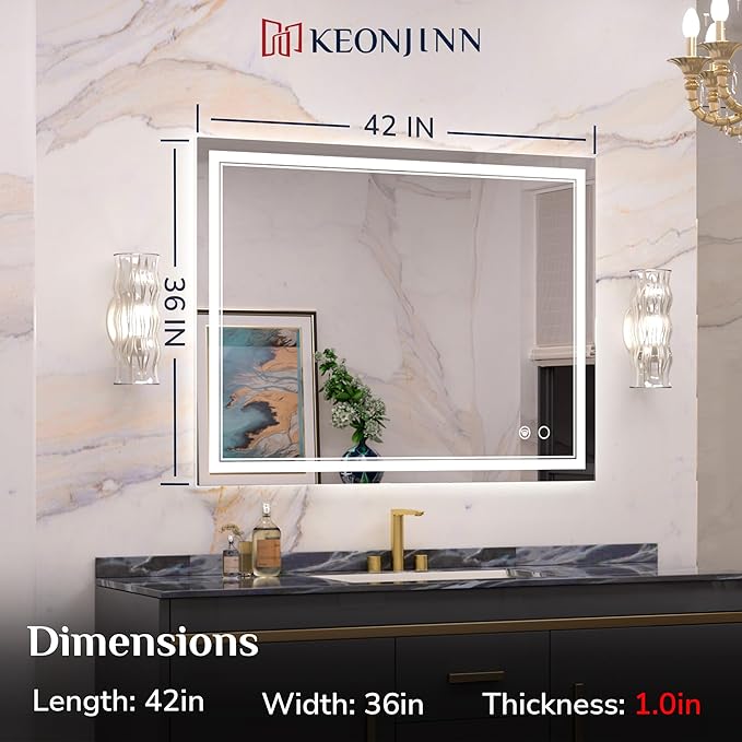 Keonjinn Large Bathroom Mirror with Light, 42 x 36 Inch LED Mirror for Bathoom, Frontlit Only, HD Tempered Glass, UL-Listed LED Driver, Anti-Fog, Dimmale 6000K, Easy Installation(Horizontal/Vertical)