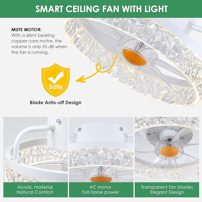 White Ceiling Fans with Lights and Remote - Low Profile Flush Mount Ceiling Fans - 13” Modern Bladeless Enclosed Ceiling Fans with Led Light and Stepless Dimming, White Small Ceiling Fan for Bedroom