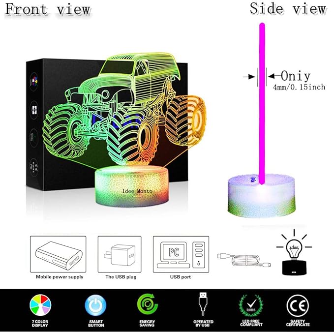 3D Night Lights for Children, Kids Night Lamp, Monster Trucks for Boys, 7 LED Colors Changing Lighting, Car Shape Acrylic Lighting Table Desk Bedroom Decoration, Cool Gifts Ideas Birthday Xmas