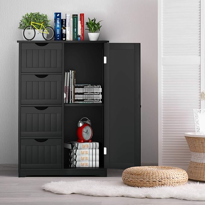 Giantex Bathroom Storage Cabinet with Drawers - 4 Drawer Storage Organizer w/Cupboard, Adjustable Shelf, Anti-Toppling Device, Entryway Storage Unit Console Table, Bathroom Floor Cabinet (Black)