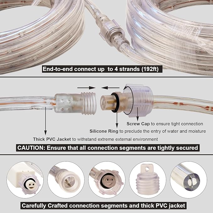 48ft White LED Rope Lights Outdoor Waterproof - 324 LEDs Christmas Rope Lights, 120V ETL Certified, Connectable to 192ft, w/24 Mounting Clips & Screws - Wedding & Home Decor