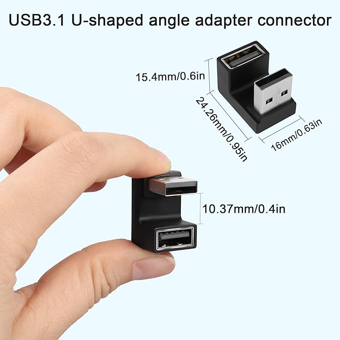 QIANRENON U-Shape Angle USB 3.1 Adapter Converter 10Gbps 180 Degree USB A Male to Female Coupler Connector, Support Data Transfer OTG 3A Charging, for PC Laptop Mobile Power, 2Pcs (Female Up)