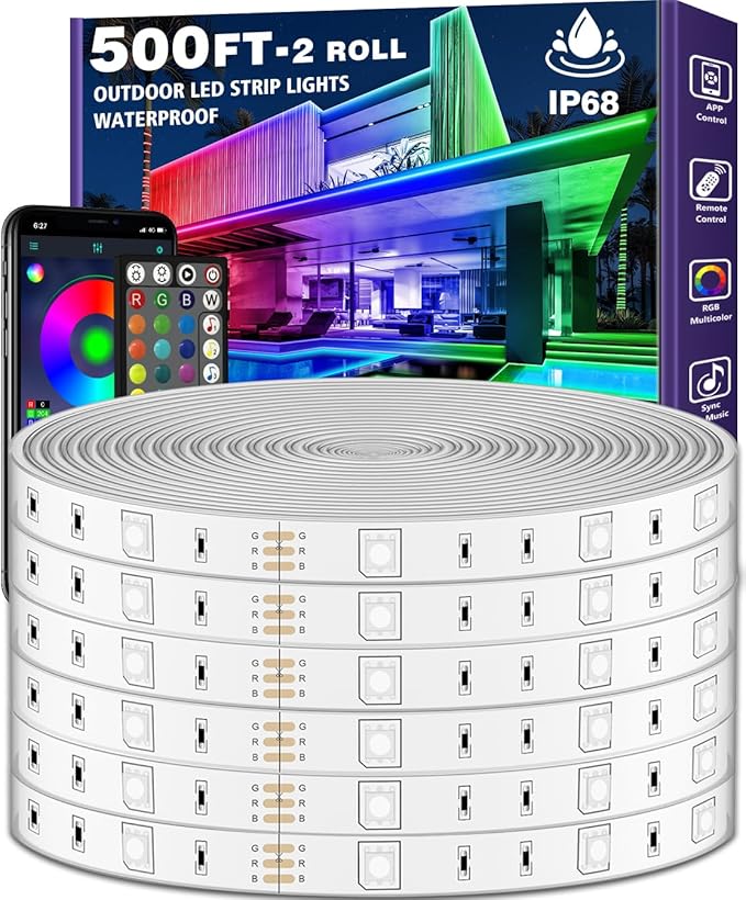 LETIANPAI 500ft Outdoor LED Strip Lights Waterproof,IP68 Outside Led Light Strips Waterproof with App and Remote,Music Sync RGB Exterior Led Rope Lights with Self Adhesive Back for Roof,Deck,Balcony