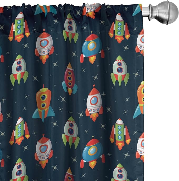 Ambesonne Spaceship Window Curtains, Cartoon Style Space Crafts Flying Through Cosmos Stared Background Astronauts, Lightweight Decor 2-Panel Set with Rod Pocket, Pair of - 28" x 84", Multicolor