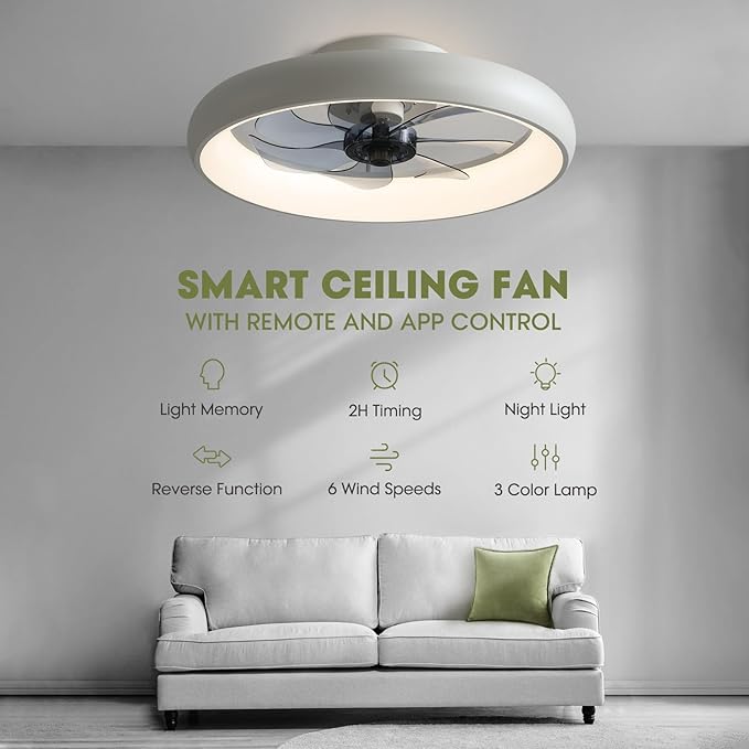 Ceiling Fans with Lights and Remote, 20'' Low Profile Flush Mount, 6 Wind Speeds, Modern Dimmable LED Ceiling Fan, Smart Ceiling Fan for Bedroom, Kids Room (White)
