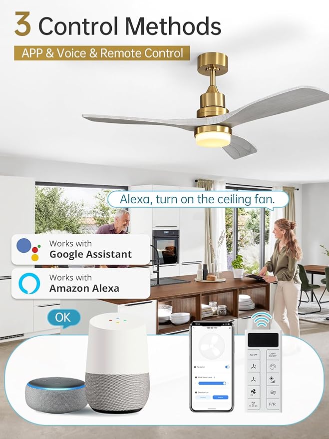 Sofucor 52 Inch Smart Ceiling Fans with Lights and Alexa/Google Assistant/APP/Remote Control-Modern Solid Wood Outdoor 3 Blades Ceiling Fan for Bedroom Living Room Indoor Farmhouse Patio, Grey Gold