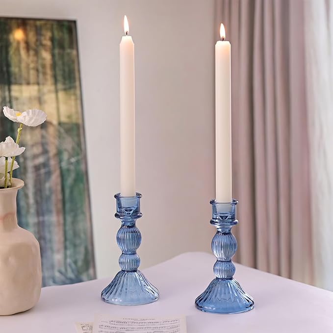 DARJEN 2 Pcs Blue Candlestick Holders - Vertical Stripe Glass Candle Holders for Taper and Votive Candles, Taper Candle Holder for Home, Wedding, Party, Dinner Table Decor