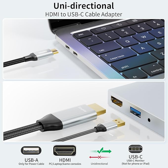 HDMI to USB C Cable Adapter 4K@60Hz 6FT, HDMI 2.0 Input to USB Type C Output Display Converter, USB Powered, Compatible with Xreal Air, Nreal Air, Steam Deck Dock, PS5, Xbox, PC, Portable Monitor