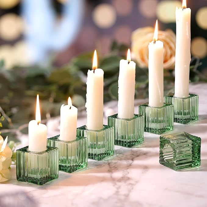 LETINE 12pcs Green Cube Taper Candle Holders - Ideal Candle Stick Holder Decor for Modern Wedding Table Centerpieces & Holiday Decor, Elegant Candlestick Set for Home Ambiance