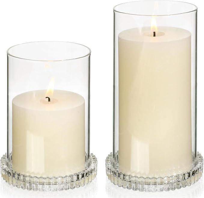Vixdonos Hurricane Glass Candle Holders Set Pack 2 Serrated Round Candle Stand for Pillar Candles Modern CandleHolders with 5.1" 7.1" Tall Cylinder Chimney Cover for Outdoor Wedding Decor