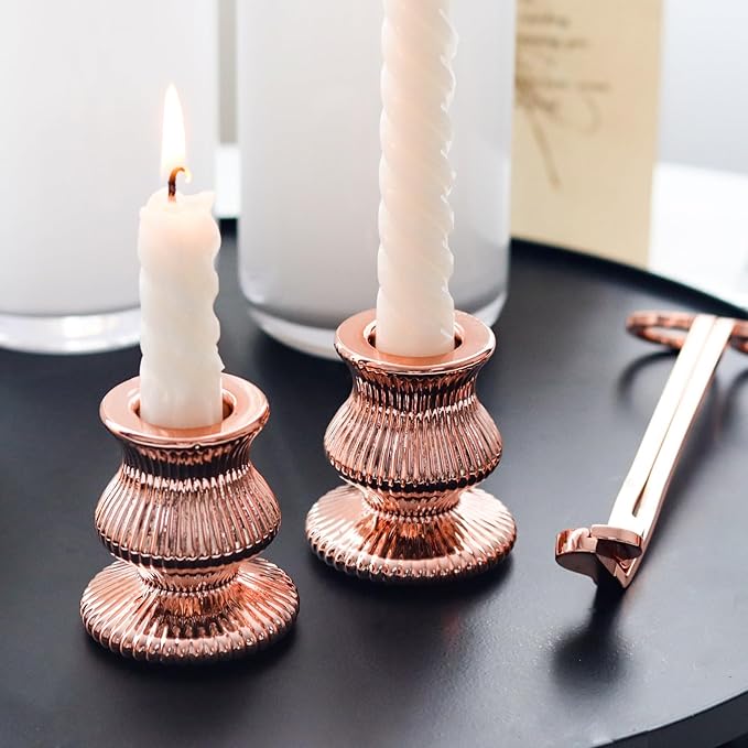WDHODEC Pink Gold Candlestick Holders 12PCS Glass Taper Candle Holders for Table Centerpiece Colorful Candle Sticks for Spring Wedding, Party and Festival Decoration