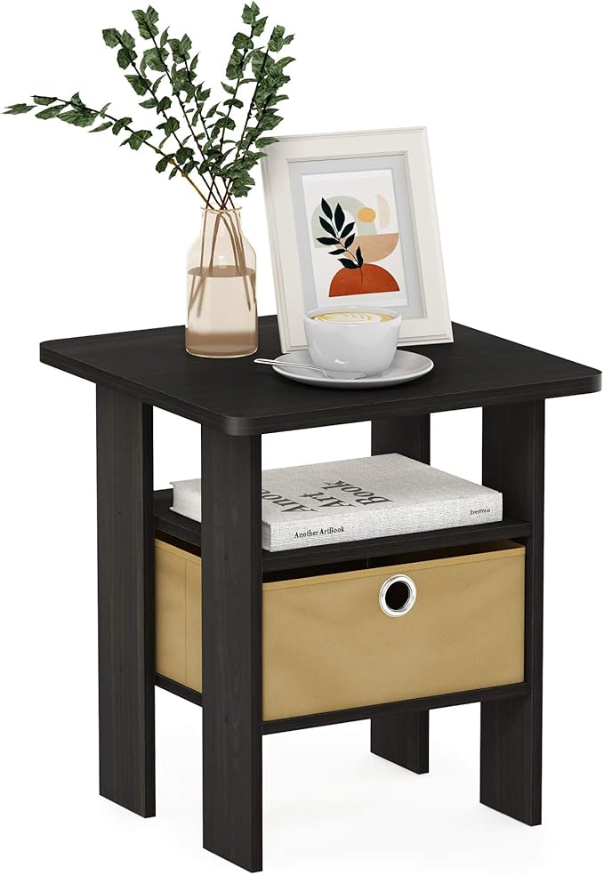 Furinno ANDREY Side Table, End Table, Night Stand with Open Shelves and Storage Bin, Bedside Table, for Living Room, Bedroom, Espresso