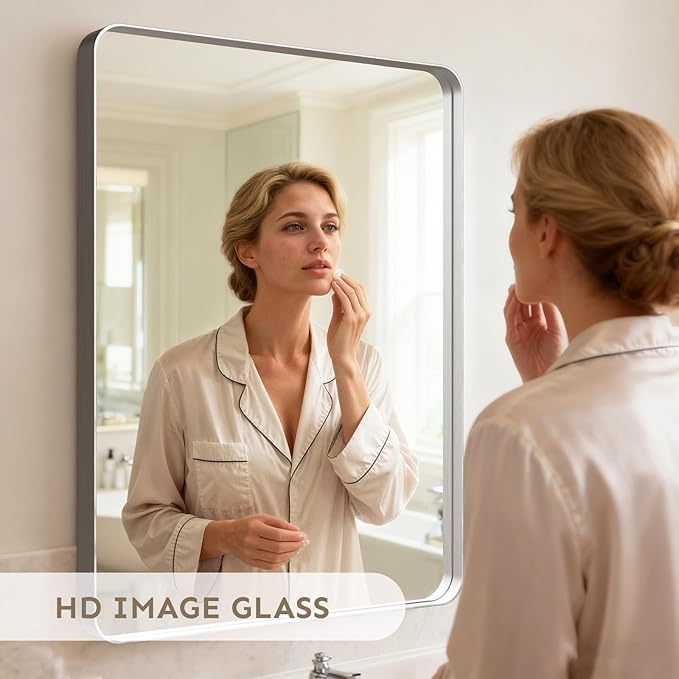 20x16"Bathroom Vanity Mirror for Wall, Aluminum Framed, Farmhouse Rectangle, Anti-Rust, HD Reflection Anti-Desilvering, Distortion Free, Tempered and Shatter-Proof Wall Mounted Mirror, Silver