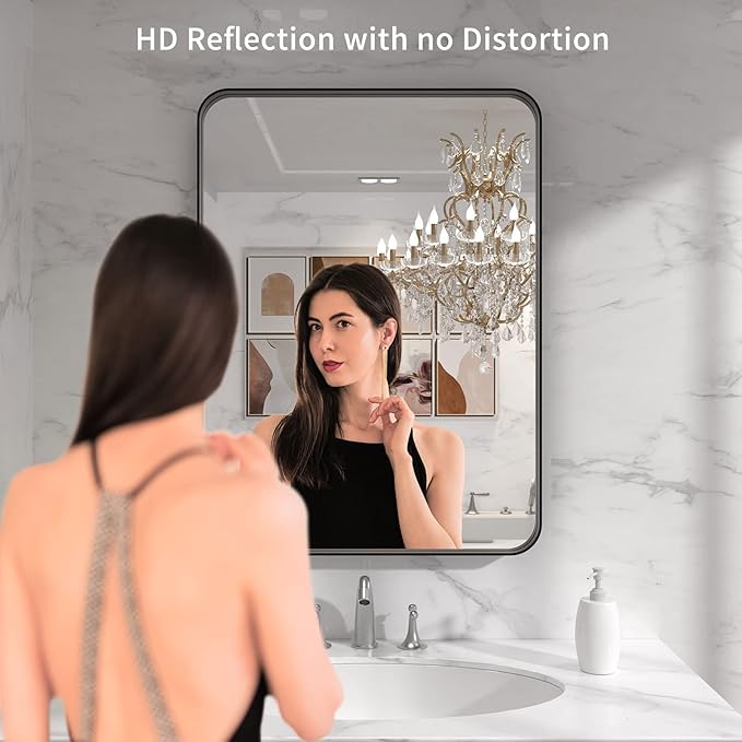 LOAAO Black Metal Framed Bathroom Mirror for Wall, 22X30 Inch Rounded Rectangle Mirror, Matte Black Bathroom Vanity Mirror Farmhouse, Anti-Rust, Hangs Horizontally or Vertically