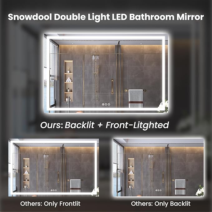 60"X40" LED Bathroom Mirror with Front Lights and Backlit, Anti-Fog, Dimmable, Shatter-Proof Tempered Glass, Lighted Bathroom Vanity Mirror for Wall with 3 Colors, Memory Function