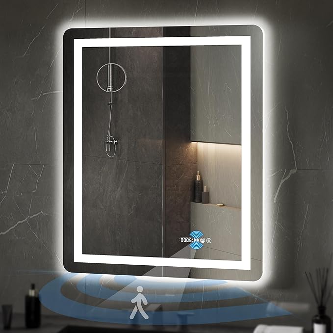 YITAHOME 24 x 32 Inches LED Bathroom Mirror, Front Light and Backlit, Motion Sensor, 10X Magnifying Glass, 3 Colors Dimmable, 5mm Tempered Glass, Anti-Fog, Wall Mounted Mirror-Vertically Only