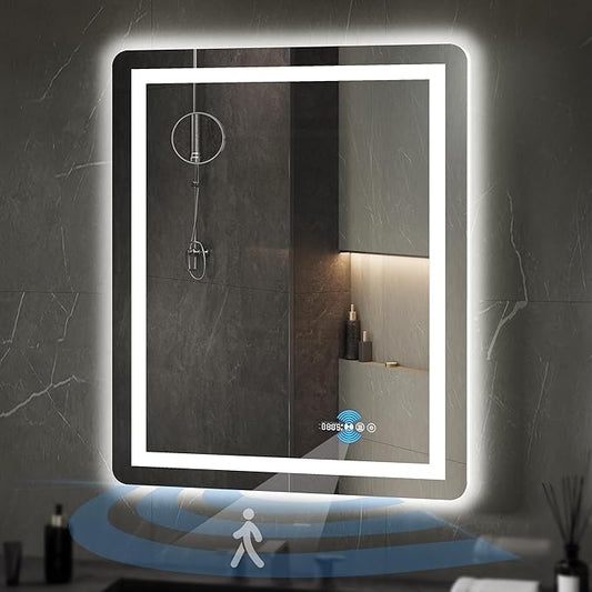 YITAHOME 24 x 32 Inches LED Bathroom Mirror, Front Light and Backlit, Motion Sensor, 10X Magnifying Glass, 3 Colors Dimmable, 5mm Tempered Glass, Anti-Fog, Wall Mounted Mirror-Vertically Only