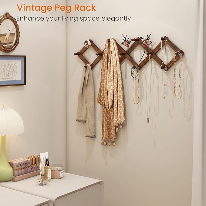 Homode Vintage Wood Expandable Peg Rack- Multi-Purpose Accordion Wall Hangers with 13 Hooks for Hats, Coat, Mugs, Scarf, Jewelry Storage